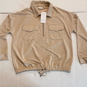 NWT Wonderly Beige Collared Top with a 1/4 zip and drawstring waist